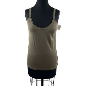 Luisa Cerano Olive Green Cami Top Cotton Rib Lace Trim Scoop Neck Size 12 NEW